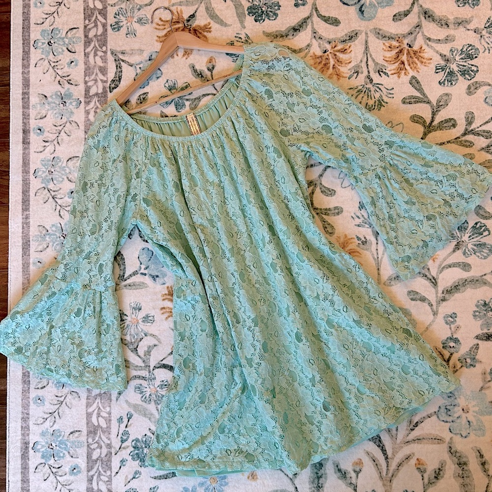 Giddy Up Glamour Turquoise Blue Lace Bell Sleeve Mini Dress